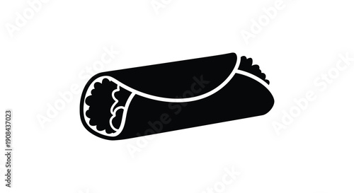 A simple black silhouette depicts a wrapped burrito showcasing its curved shape and textured filling high quality professional