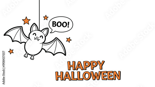 Adorable cartoon bat hanging upside down with a speech bubble saying boo and Happy Halloween text surrounded by orange stars.