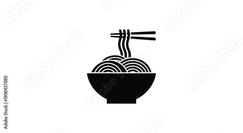A minimalist black and white illustration depicts a bowl of noodles with chopsticks resting on top high quality