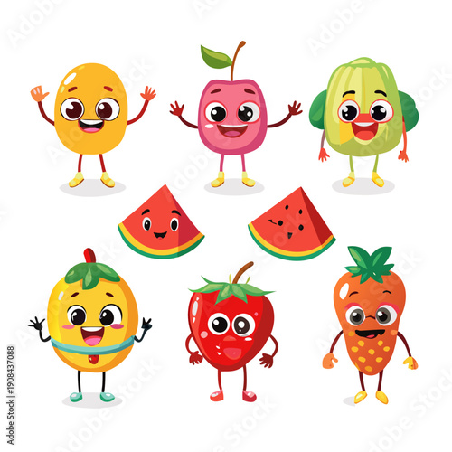 Colorful cartoon fruits come to life with smiling faces