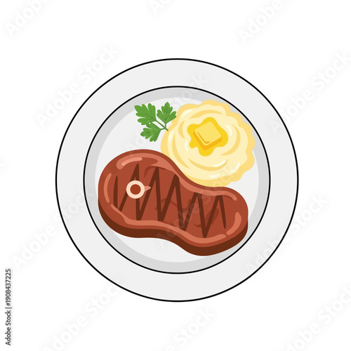 Grilled Steak with Mashed Potatoes and Butter on a Plate - Flat Design