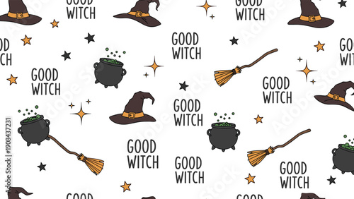 Fun Halloween pattern with witch hats cauldrons brooms and stars along with the text good witch on a white background.