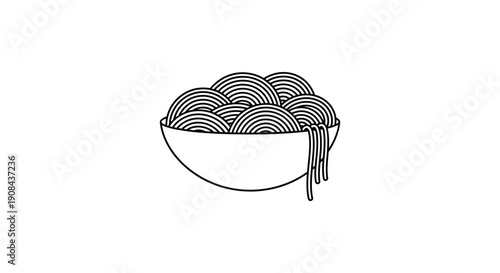 A simple black and white line drawing depicts a bowl filled with numerous round shapes and noodles high quality professional