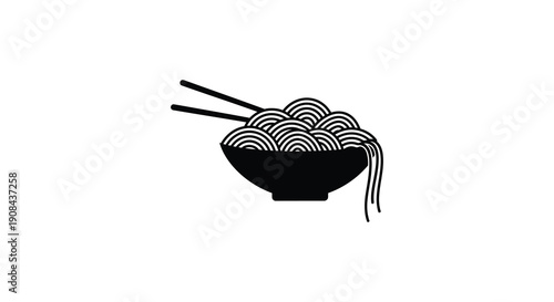A minimalist black and white illustration depicts a bowl filled with swirling noodles and accompanied by chopsticks high quality professional