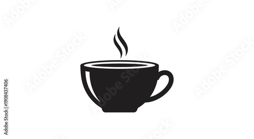 A simple black silhouette depicts a steaming cup of coffee or tea suggesting warmth and relaxation high quality