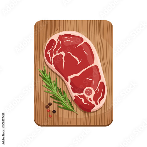 Raw Beef Steak with Rosemary and Peppercorns on Wooden Board