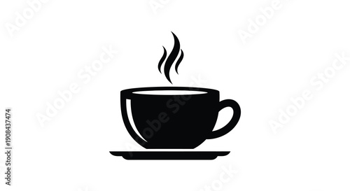 A simple black silhouette depicts a steaming cup of coffee resting on a saucer symbolizing warmth high quality