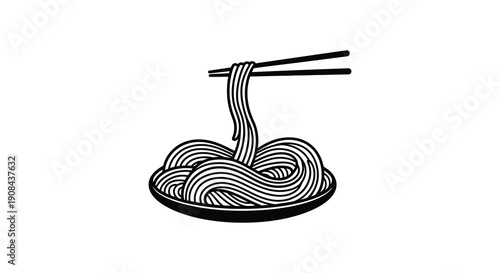 A minimalist black and white illustration depicts a portion of noodles being lifted with chopsticks on a plate