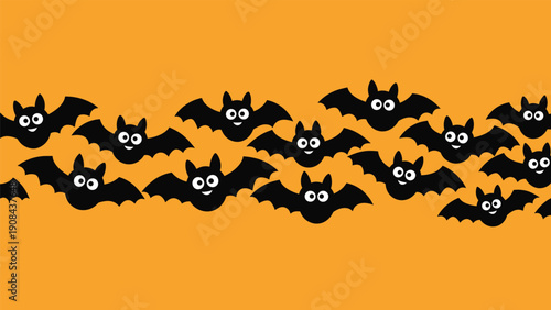 Simple horizontal border pattern of numerous black cartoon bats flying across a solid vibrant orange background for Halloween.