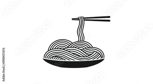 A minimalist black and white illustration depicts a bowl of noodles being lifted with chopsticks high quality professional detailed modern