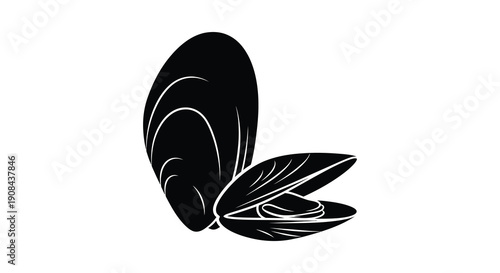 A striking black and white illustration depicts a closed mussel with an open shell revealing a pearl