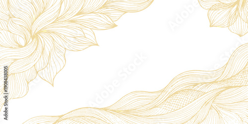 Elegant golden floral and wave pattern overlay on white background, intricate line art decorative design