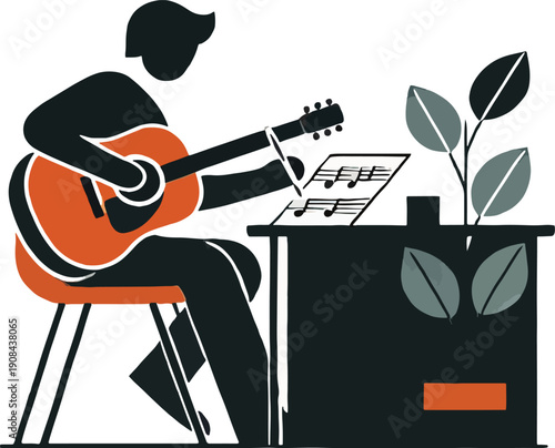 Person composing music with guitar and sheet music