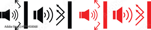 Sound Wave Reflection Icon Set, Speaker Audio Direction and Echo Symbols, Noise Control and Acoustics Illustration, Black and Red Vector Design