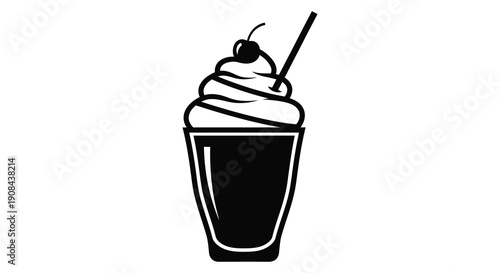 A stylized black and white illustration depicts a chocolate drink topped with swirling whipped cream and cherries