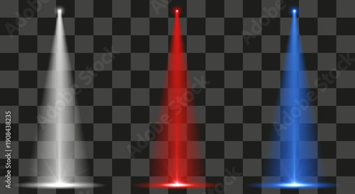 Stage Spotlights Vertical Conical Lighting Effects Realistic Vector Illumination Template White Red and Blue Colors On Transparent Illustration
