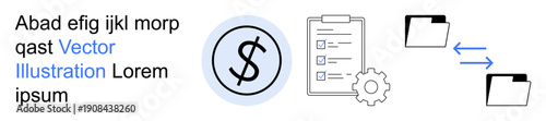 Finance, data management, workflow automation, business operations, file sharing, analytics. Dollar sign with clipboard and gear, folder exchange arrows. Finance and data management concept