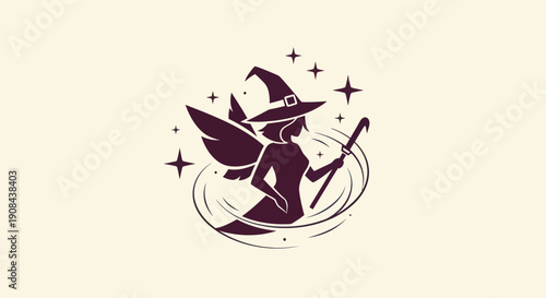 Silhouette of a witch with wings and a wand