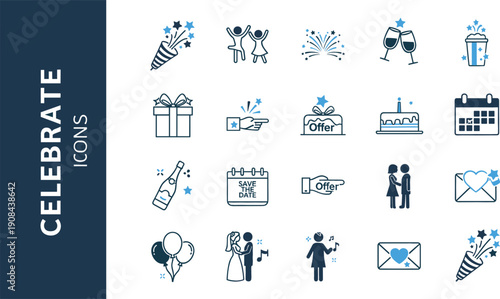 Celebration and event icon set featuring wedding elements party favors champagne cake gifts and anniversary symbols for graphic design