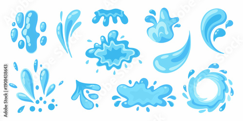 Collection of cartoon water droplets and splashes in various shapes