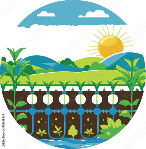 ticker-style colorful vector illustration of crop irrigation system, water pipes and plants, flat design, rounded shapes, clean outline, no text, generic farming concept
