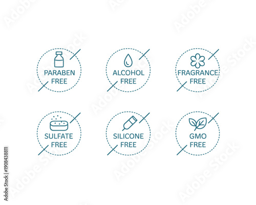 Cosmetic product labels indicating absence of parabens alcohol fragrance sulfates silicone and gmo