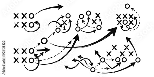 American football play diagram with x and o symbols, arrows showing movement and strategy
