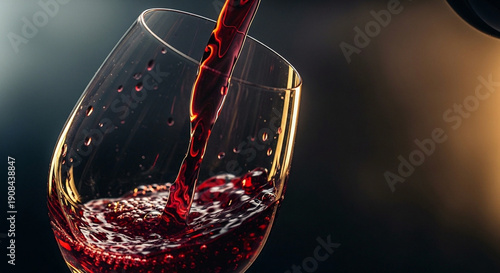 'Rich red wine gracefully pouring into an elegant glass, capturing the luxurious essence with vibrant hues and a sophisticated ...