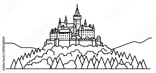 Majestic medieval castle perched on a hill surrounded by forest in minimalist line art style