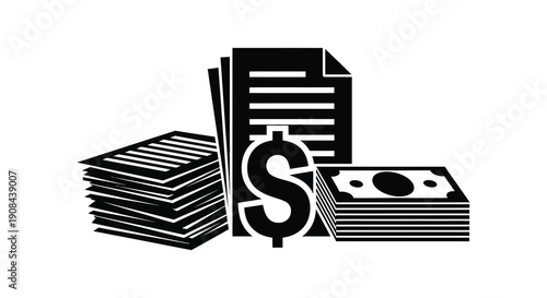 Stacks of documents and money including a dollar sign are visually represented in black silhouette high quality professional