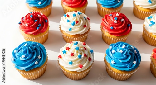 Colorful cupcakes with red, white, and blue frosting and sprinkles isolated on white background for patriotic celebration