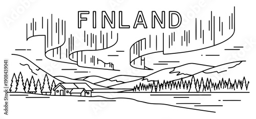 Northern lights over a winter landscape in Finland with minimalist line art style