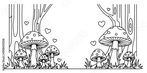 Minimalist line art illustration of mushrooms growing in a forest with floating hearts