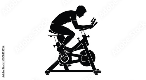 A stark black silhouette depicts a person intensely cycling on a stationary bike emphasizing fitness and exercise silhouette