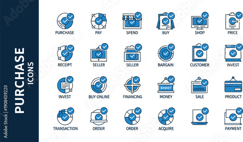 Blue and black line icon set for purchase payment finance and retail commerce business transactions isolated on white background