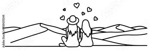 Minimalist line art illustration of a couple sitting on sand dunes in the desert under floating hearts