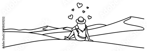 Minimalist line art of a woman sitting on sand dunes in the desert with hearts