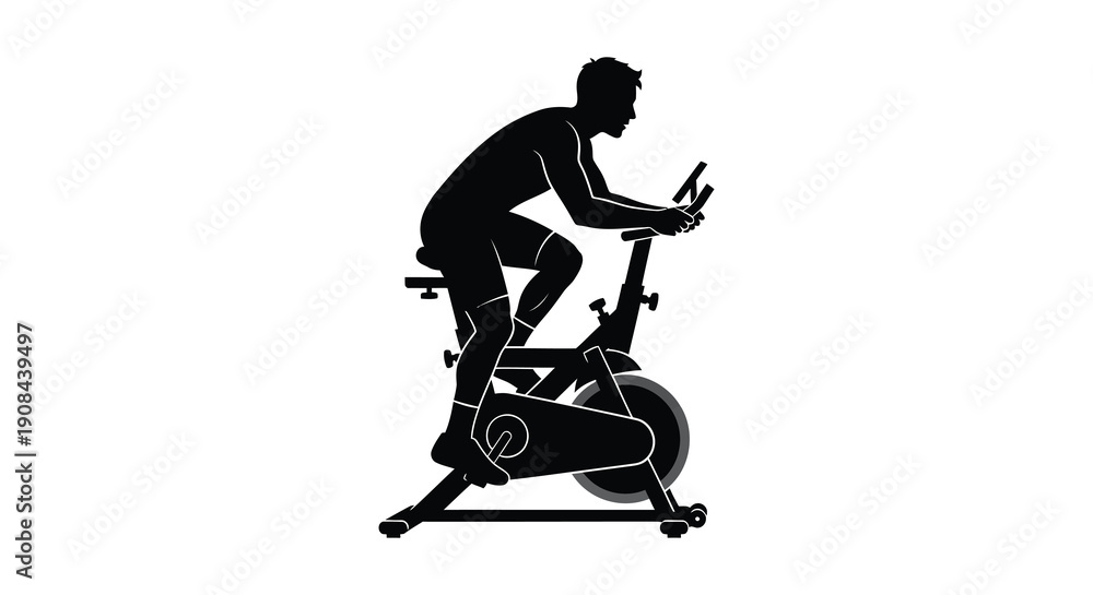 Fototapeta premium A stark black silhouette depicts an athletic man intensely riding an indoor exercise bike emphasizing fitness silhouette