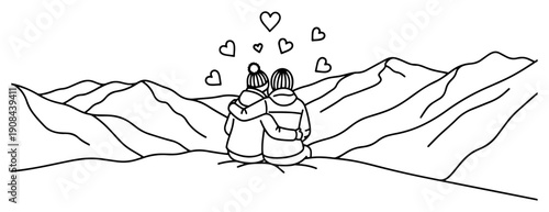 Romantic couple sitting on a hill overlooking a vast mountain range with hearts in minimalist line art