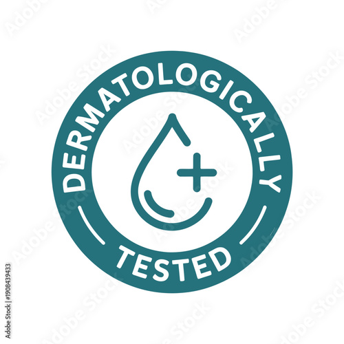 A teal circular badge indicating dermatologically tested with a water droplet symbol