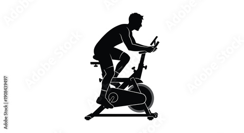 A stark black silhouette depicts an athletic man intensely riding an indoor exercise bike emphasizing fitness silhouette