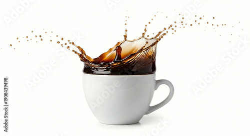 ''A dynamic splash of rich coffee erupts from a pristine white ceramic cup against a clean white background, capturing the esse...