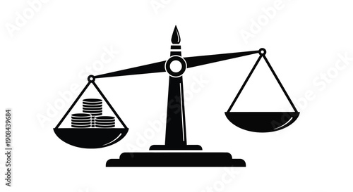 A stark black silhouette depicts a balance scale with stacked coins on one side symbolizing justice and finance silhouette