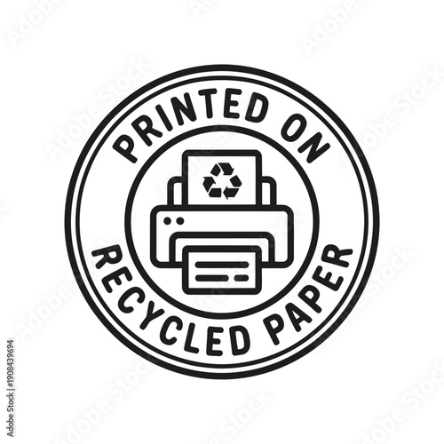 Circular emblem indicating printing on recycled paper with a printer illustration