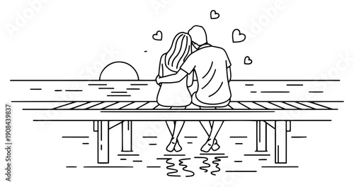 Romantic line art drawing of a couple sitting on a pier watching the sunset over the ocean