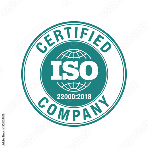 A circular iso certification seal displaying standards and company recognition
