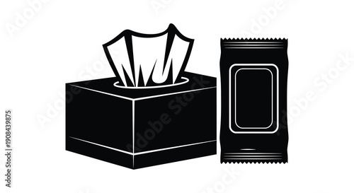 A black and white depiction of a tissue box and single wipe showcasing a minimalist graphic silhouette