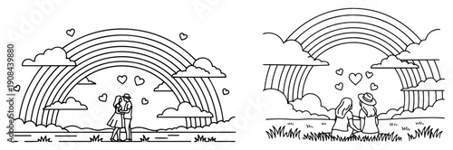 Romantic line art drawings of couples under a large rainbow with clouds and hearts in the sky