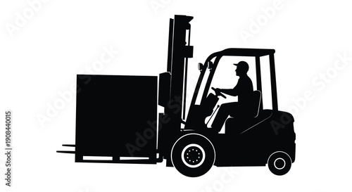 A black silhouette depicts a forklift truck carrying a large pallet showcasing industrial logistics and material handling silhouette