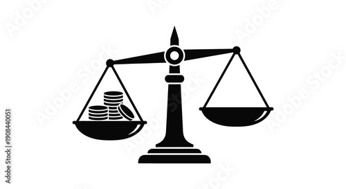 A stark black silhouette of scales balancing coins and emptiness symbolizing justice and financial assessment silhouette high quality